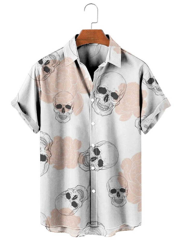 Peony And Skull Print Short Sleeve Summer Hawaiian Shirt