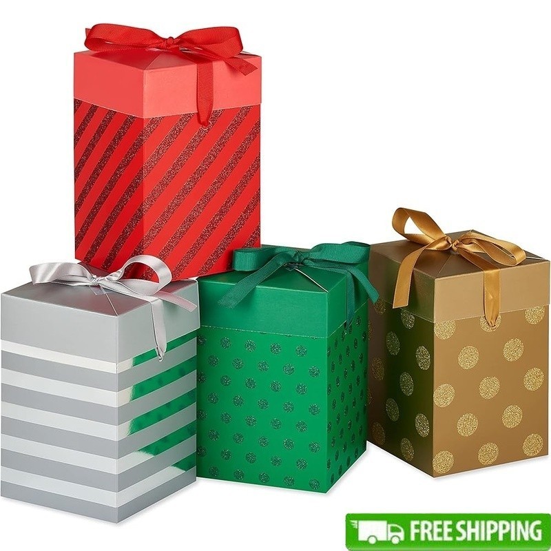 Festive Gift Boxes Set W/ Glitter Polka Dots Stripes All Occasions 4 Pack New