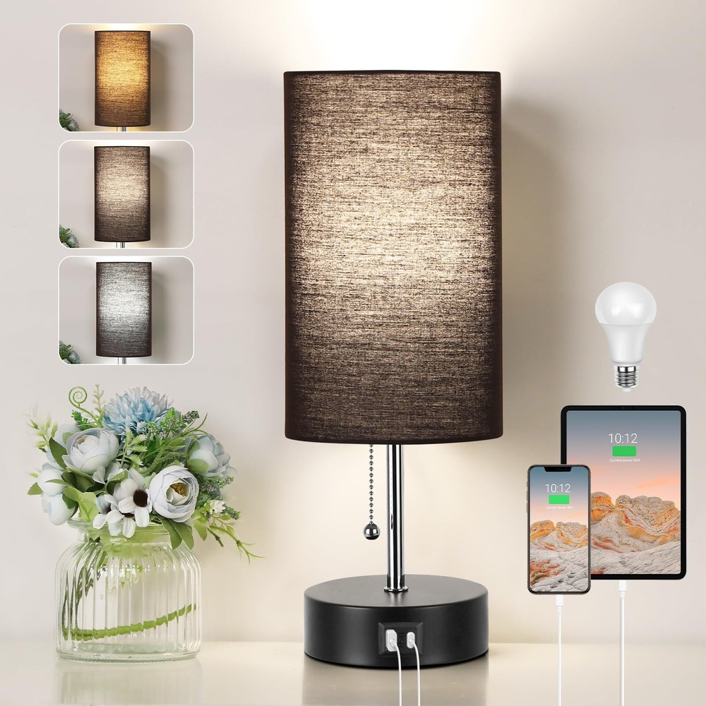 3-Color Adjustable Bedside Lamp with Dual USB Ports for Nightstands