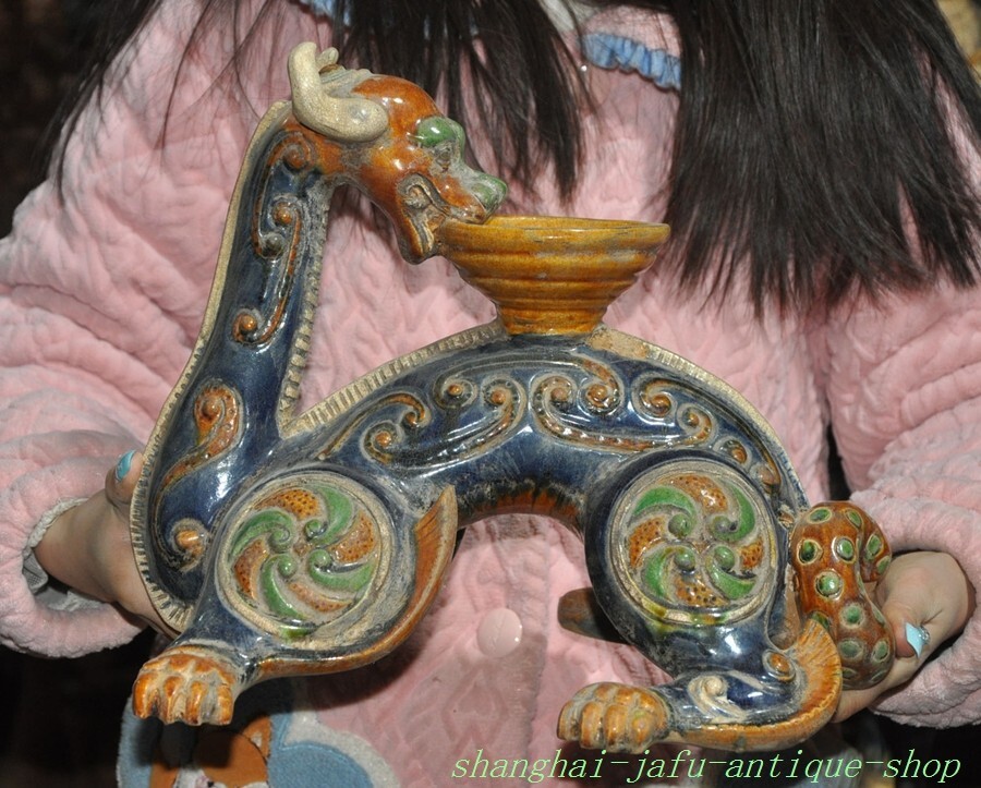 China dynasty Tang sancai ceramics porcelain dragon beast lamp Lamp Bowl Statue
