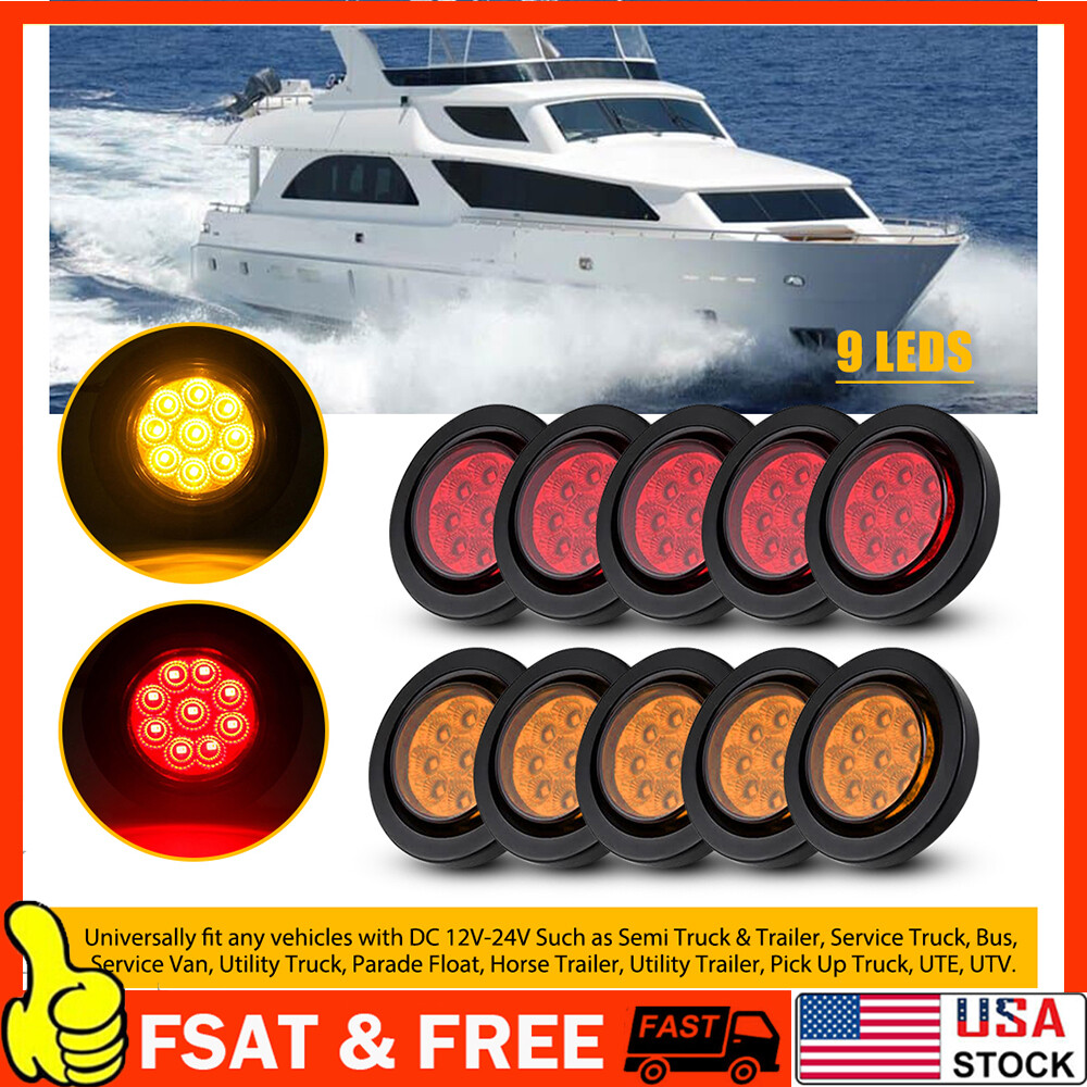 10Pcs 2-Inch 9LED Red Amber Round Clearance Side Marker Lights for Trucks Trailers 12V Lamps