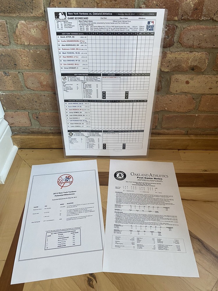 Yankees vs A’s - Game Used Lineup Card Scorecard & Notes 5/28/2012 - Jeter ARod