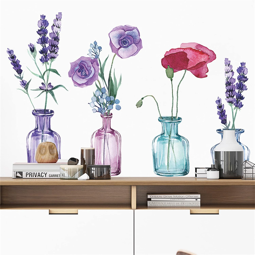 Beautiful Watercolor Flower Vase Wall Stickers Removable PVC Lavender Corn Poppy