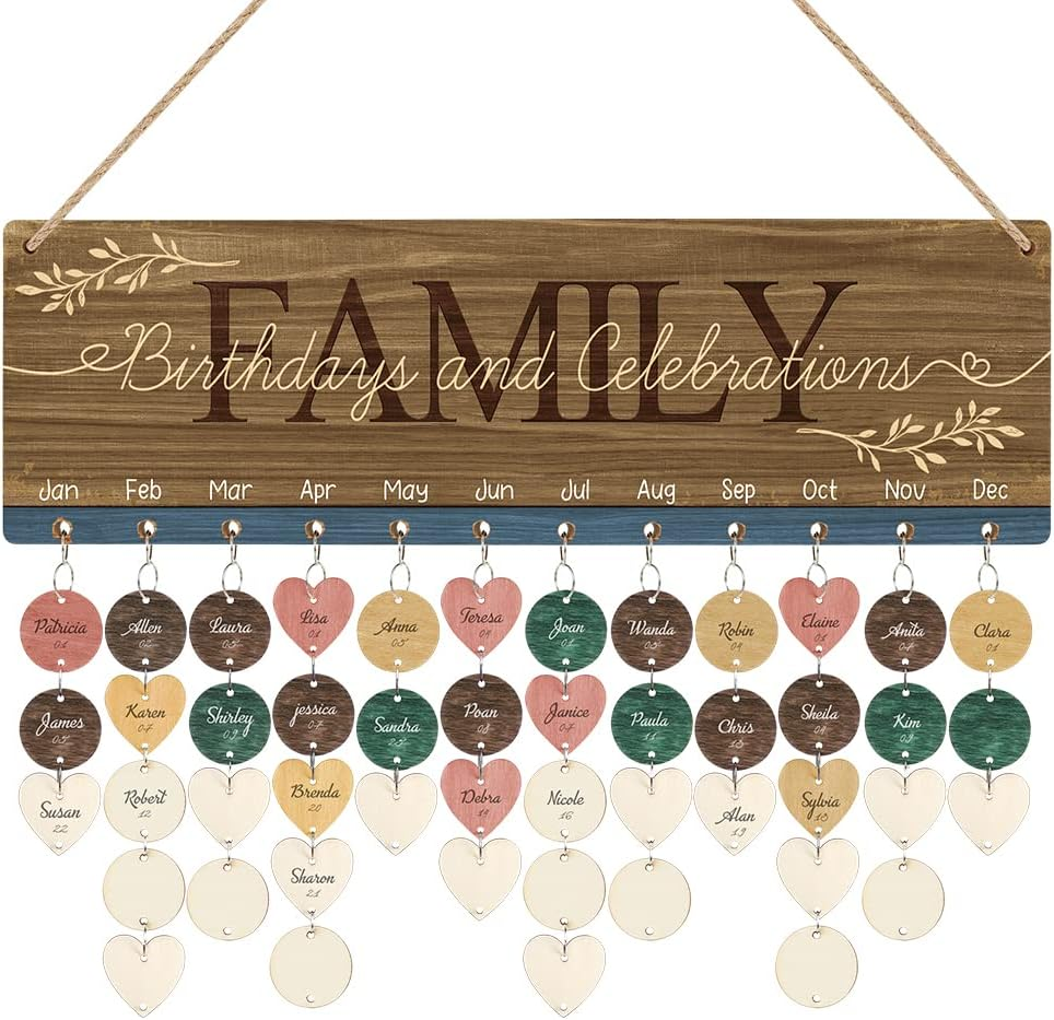 Wooden Family Birthday Reminder Calendar Board (15.8''X4.8'' with 100Pcs Wood Ta