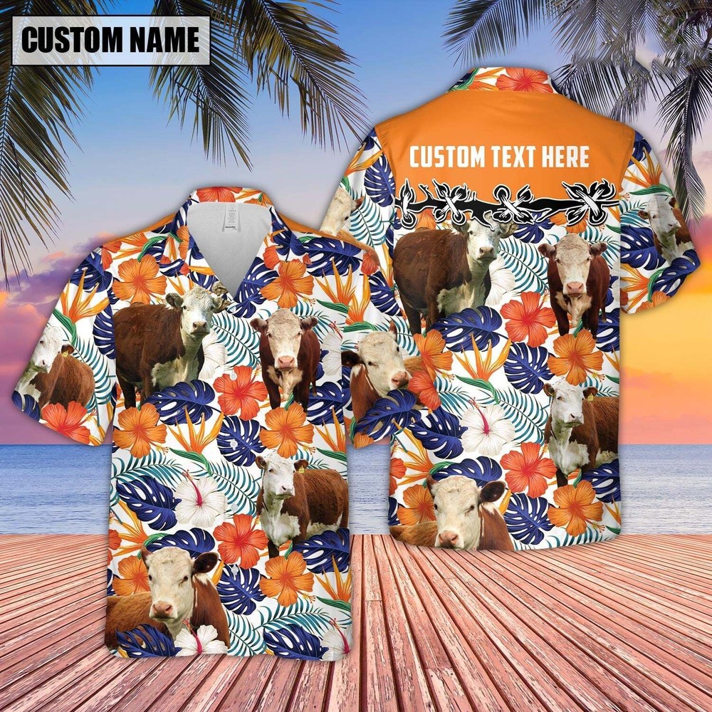 Personalized Unique Hereford Hibiscus Blue Floral 3D Hawaiian Shirt