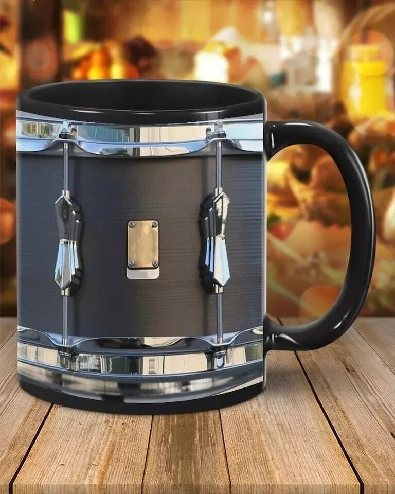 Black Vintage Drum Mug, Funny Drumming Gifts Black Mug