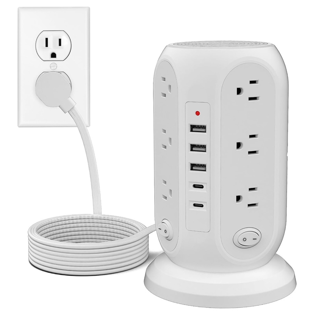 Tower Power Strip with 12 Outlets and 5 USB Ports (2 USB-C), Flat Extension C...