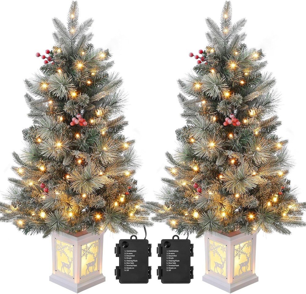 2Pcs 3Ft Pre-Lit Artificial Christmas Tree w/ LED Snow Flocked Xmas Tree Timer