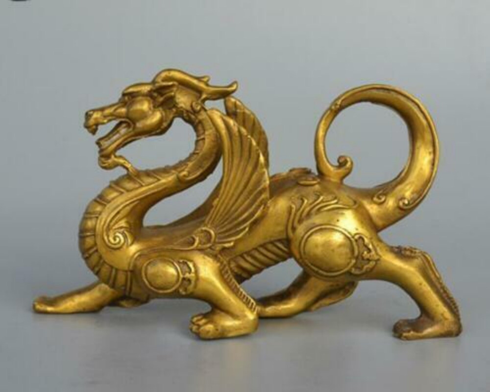 17cm Fengshui Brass Dragon Wing Kylin Unicorn Statue Home Decor