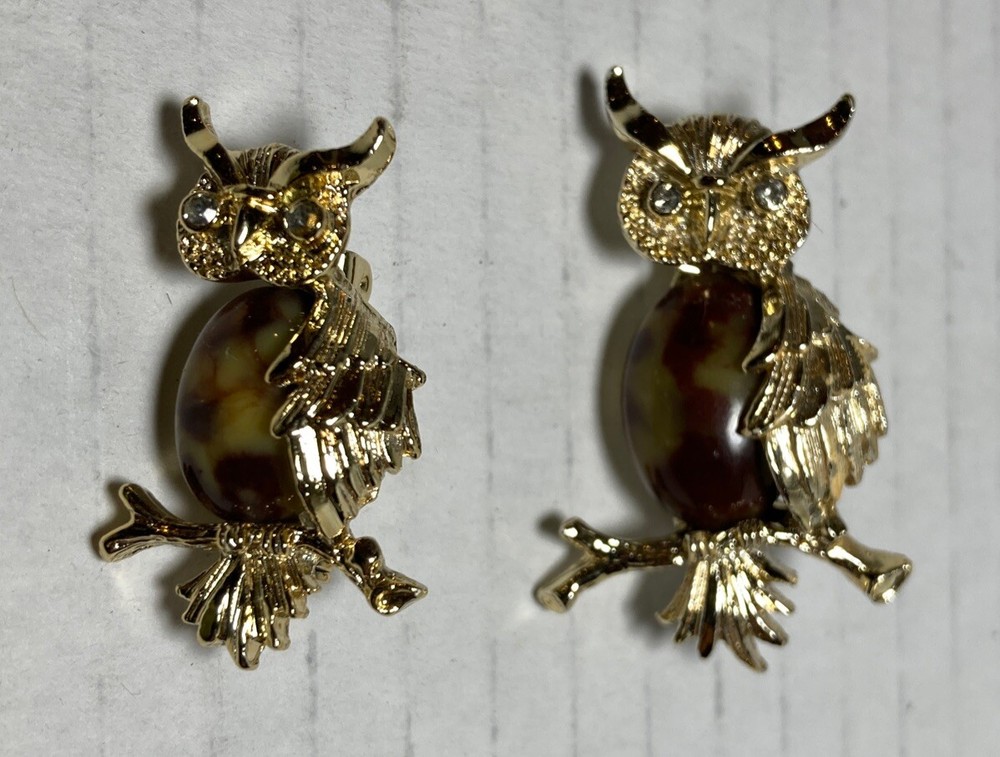 Vintage Signed Gerry's Owl Pin Pair Jelly Belly Marbled Brooches