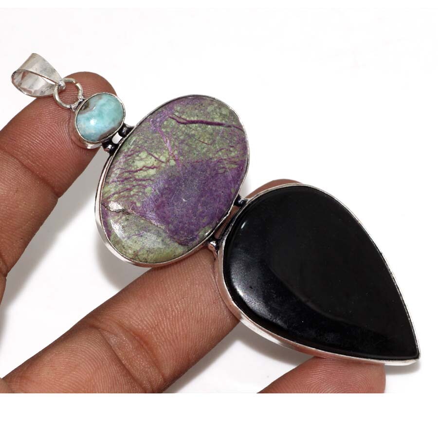 Purpurite Black Onyx 925 Silver Plated Pendant 3.6