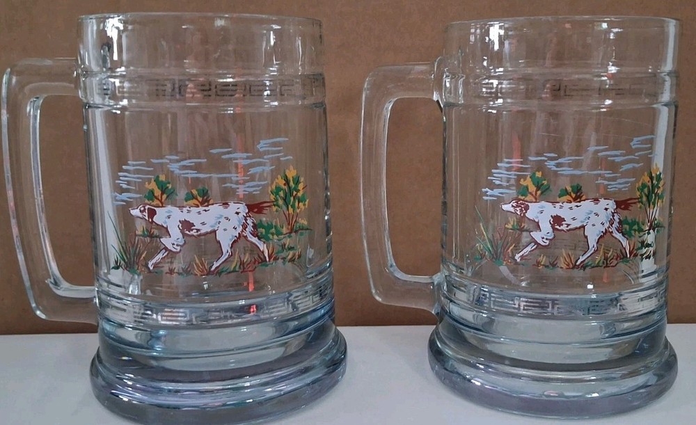 Princess House Hunting Dog Beer Steins Set of 2 Heavy Glass Vintage Mugs