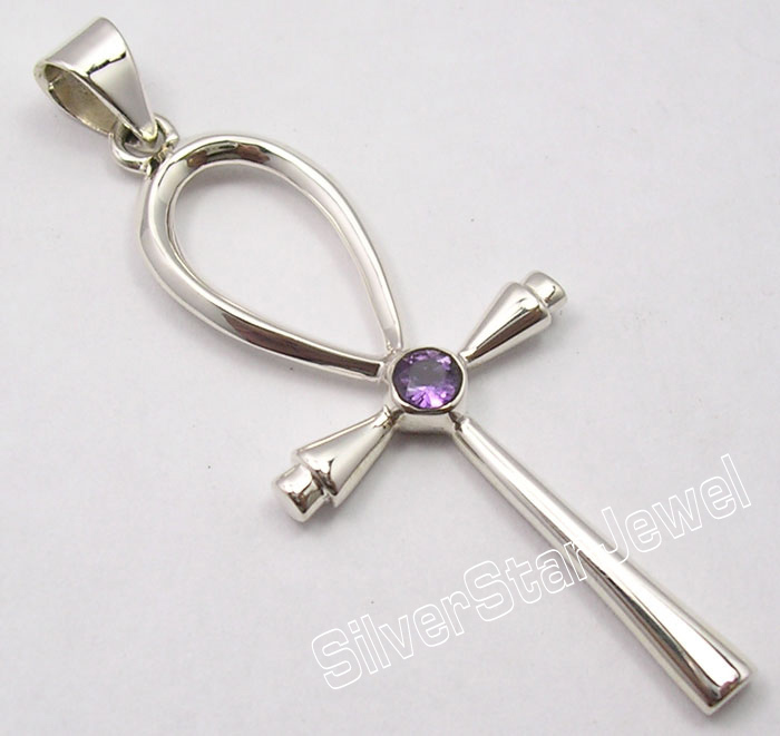 FLASH SALE BEST BUY Womens 925 Silver AMETHYST ANKH CROSS Pendant 5.9CM Jewelry-image