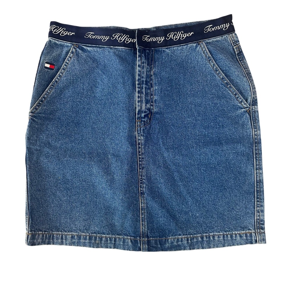 Vintage Y2K Tommy Hilfiger Denim Jean Mini Skirt w/ Logo Waistband Women Size 10