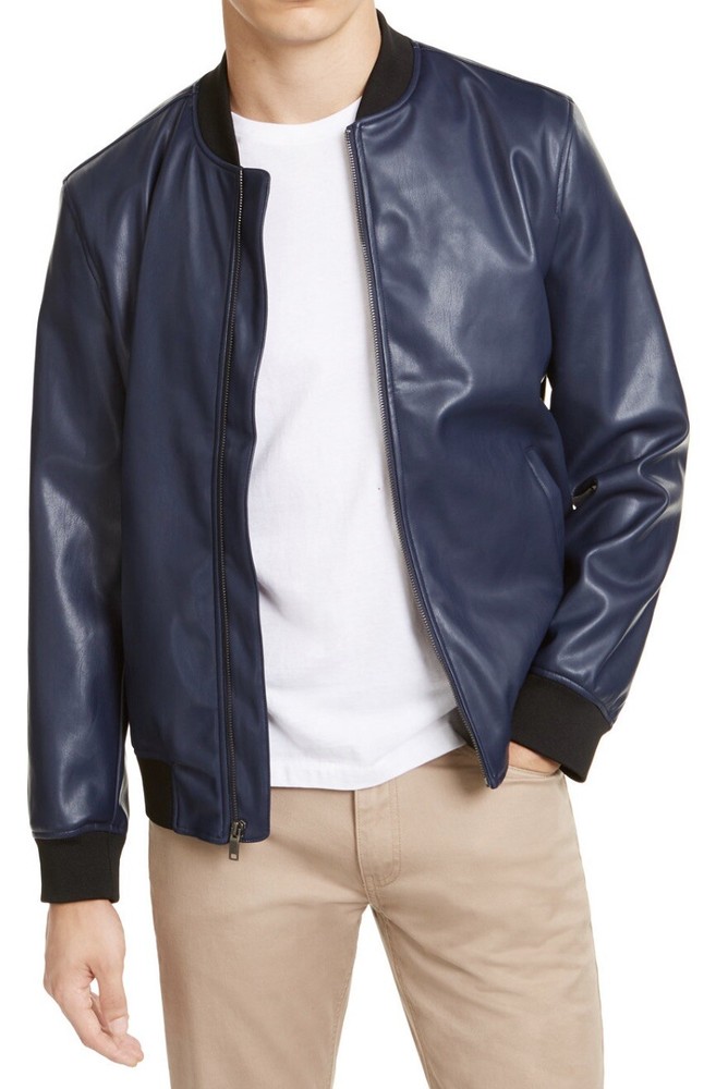 ALFANI Men's Faux Leather Classic Fit Jacket- Blue/Midnight- Size SMALL