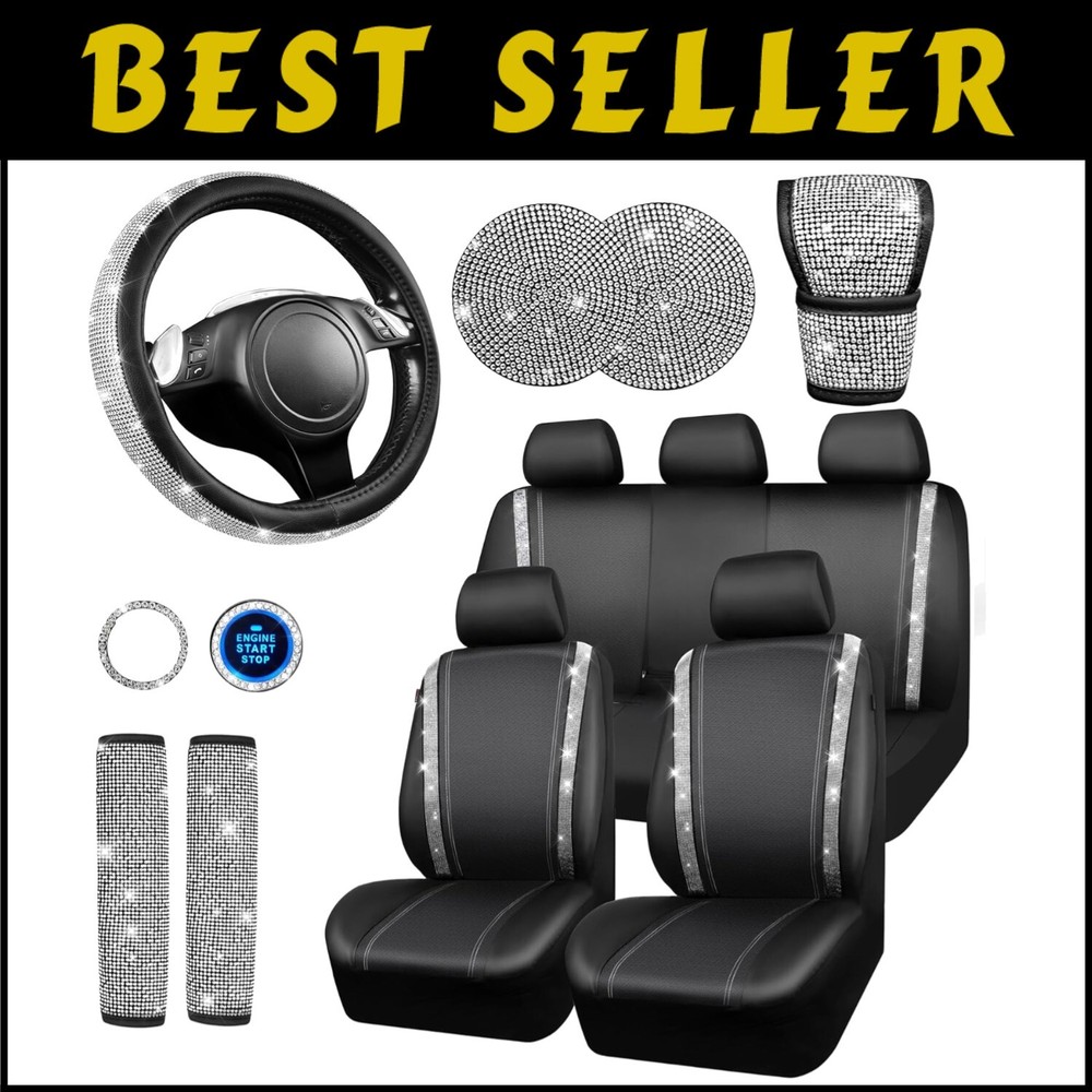 Sparkly Diamond Leather Car Seat Covers & Steering Wheel Set for Women
