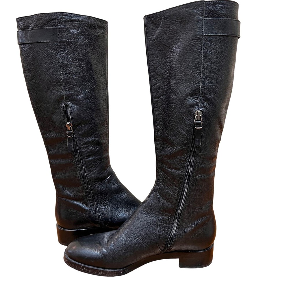 Via Spiga Tall Black Leather Riding Boots Sz 6.5 with Silver Buckle Hardware