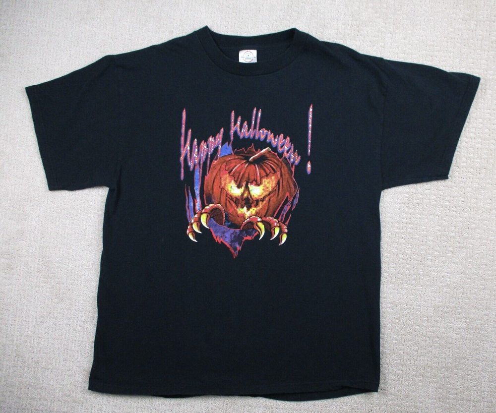 Vintage Y2K Halloween T Shirt Happy Jack O Lantern Pumpkin Graphic Tee Mens L