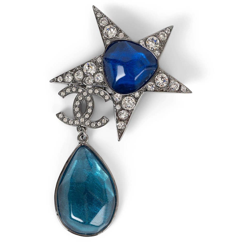 CHANEL 22C DUBAI Blue Strass Star Drop Brooch 71709
