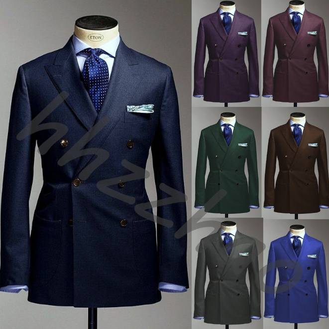Men's Double Breasted Peak Lapel Suit Wedding Groom Tuxedo 2Pcs Set