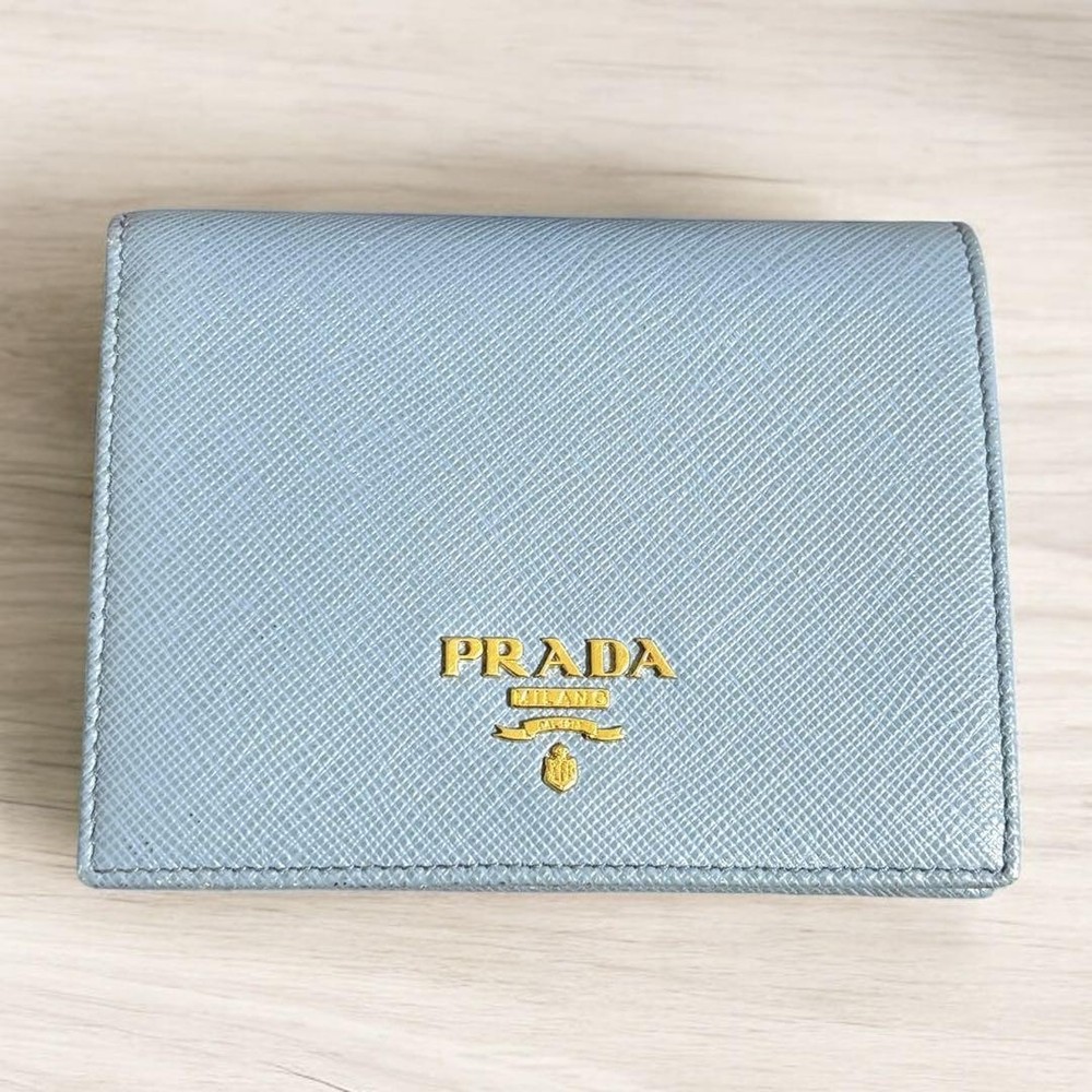 Prada Saffiano Light Blue Leather Bifold Wallet Excellent Pre-Owned