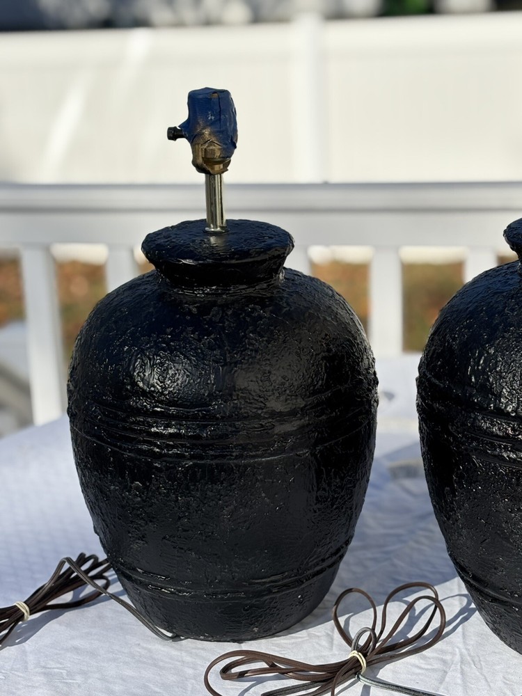 Pair of Black MCM Boho Texture Ginger Jar Lamps Preowned Read Details