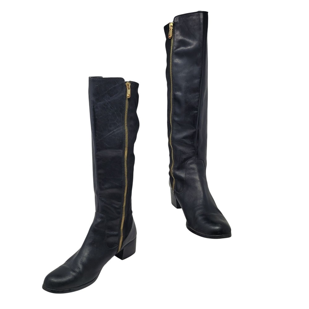 Tahari Kyle Black Leather Knee-High Boots 9 Gold Zipper Stretch City Tall