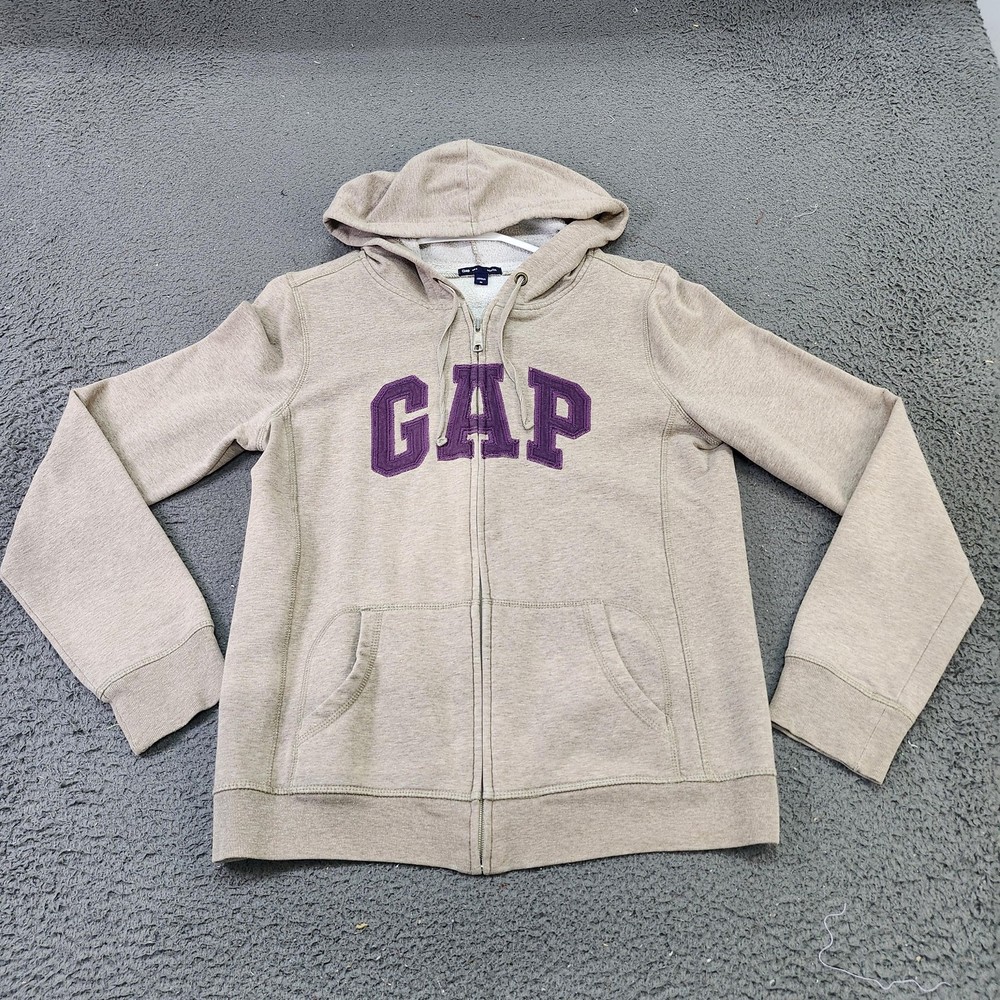 Gap Hoodie Womens Medium Beige Full Zip Stretch Logo Fleece Sweatshirt Pockets