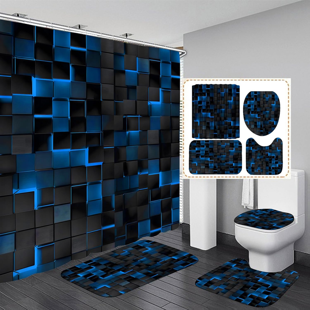 Shower Curtain Set Blue 3D Cubes - Bathroom Sets