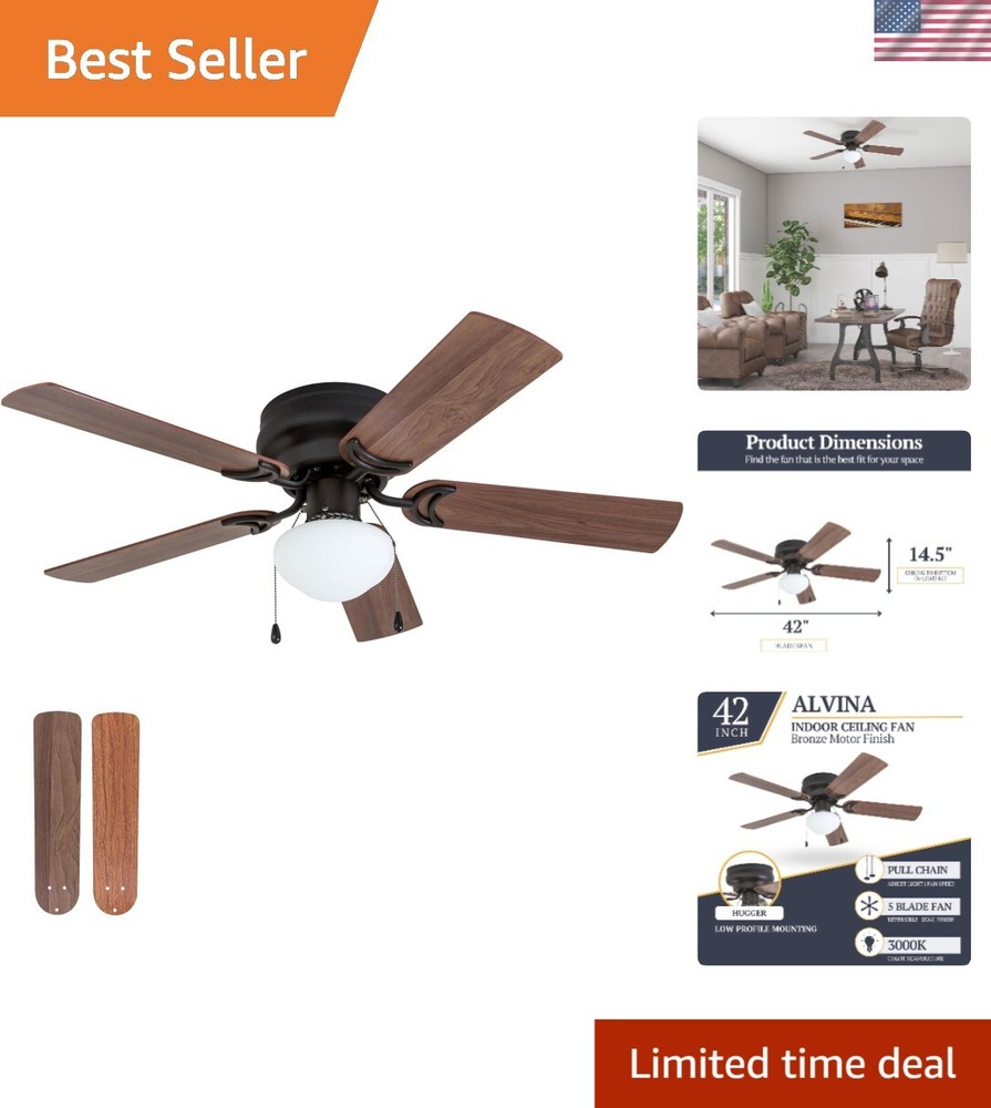 42 Inch Flush Mount Traditional Ceiling Fan with Light and Dual-Finish Blades