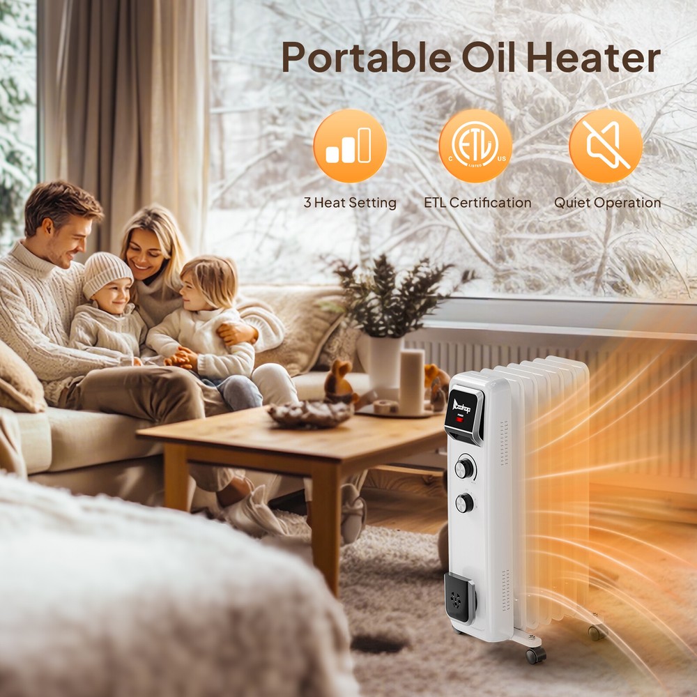 1500W Portable Oil Filled Heater Adjustable Thermostat Safe Space Heater