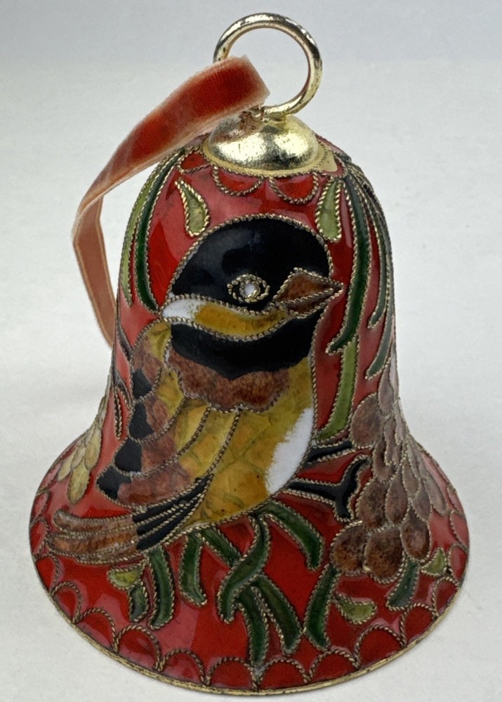 Vintage Red Enameled Cloisonne Bird Bell Floral Ornament