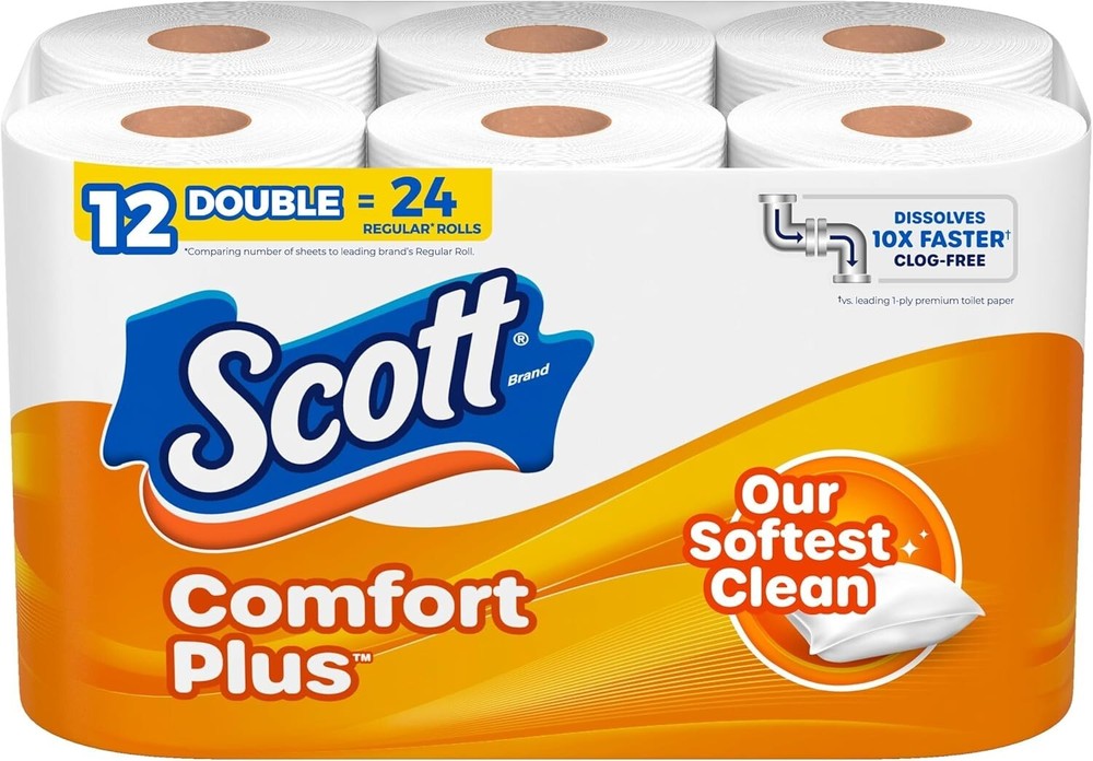 Scott ComfortPlus Toilet Paper, 12 Double Rolls,231 Sheets per Roll, Septic Safe