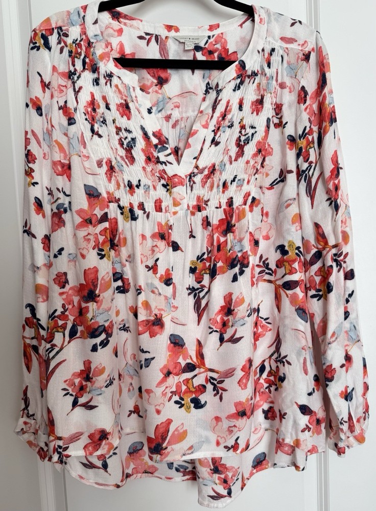 Lucky Brand Top Women's Lg White Red Floral Sleeve Boho Cottage Tunic XL