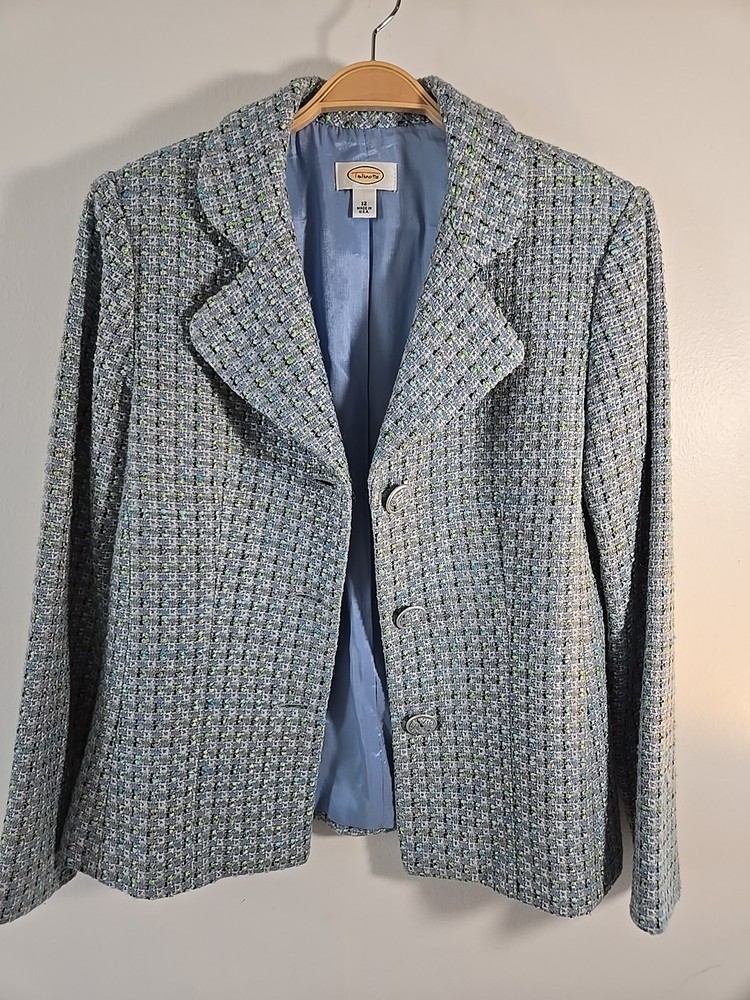 Talbots Tweed Pastel Blue Jacket Blazer Size 12 Lined Long Sleeve