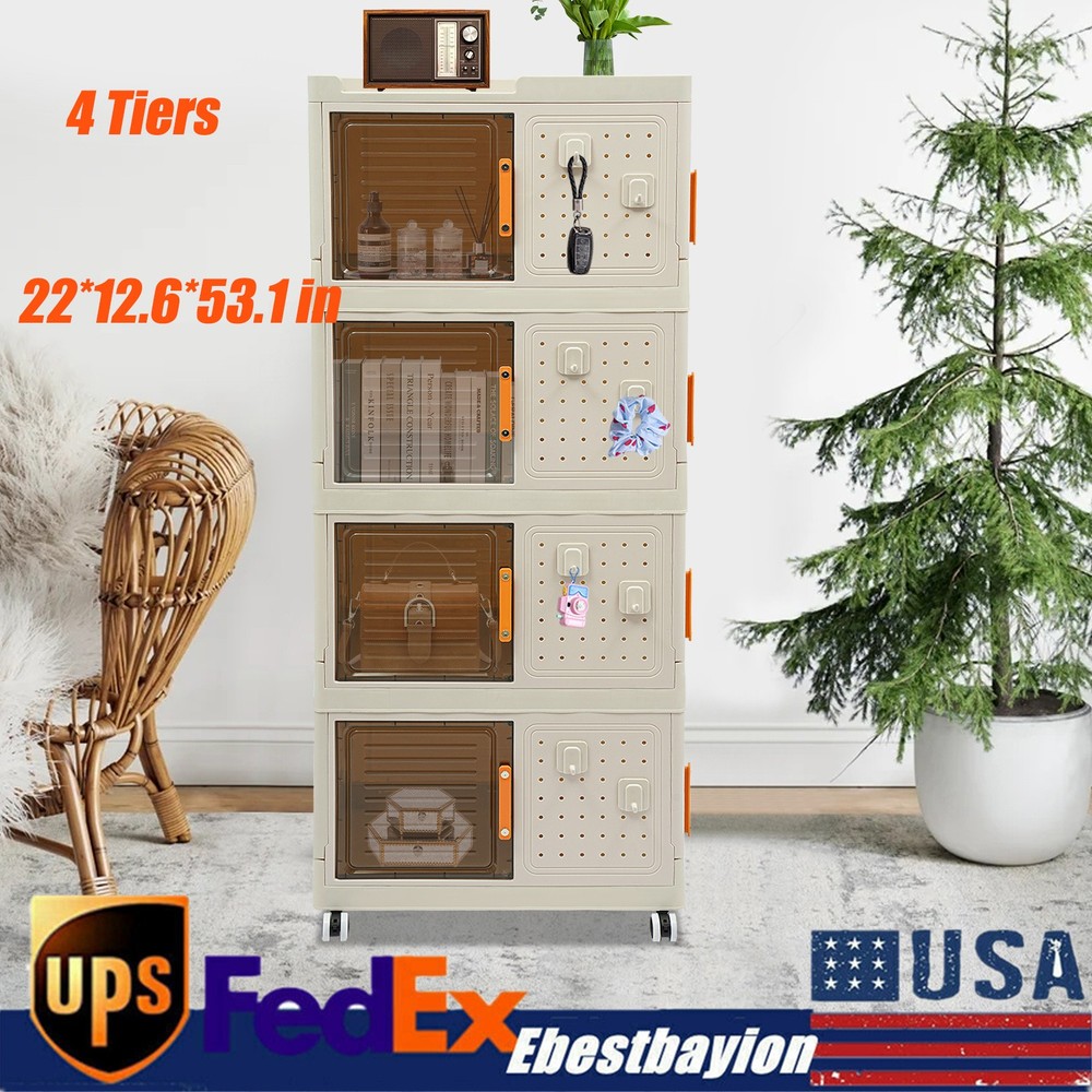 4-Tier Freestanding PP Storage Cabinet with Wheels & Hooks