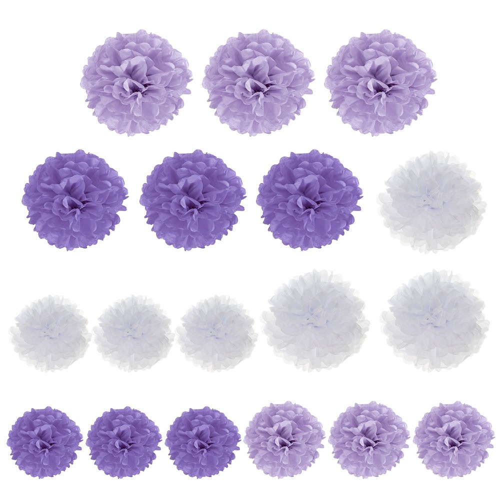 18pcs Tissue Paper Pom Poms 8/10/12 Inch, Purple/Pink Purple/White