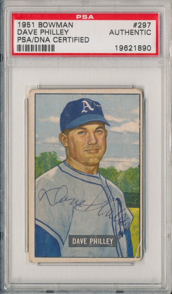 1951 Bowman DAVE PHILLEY #297 Signed Auto Slabbed Card Athletics High # PSA/DNA