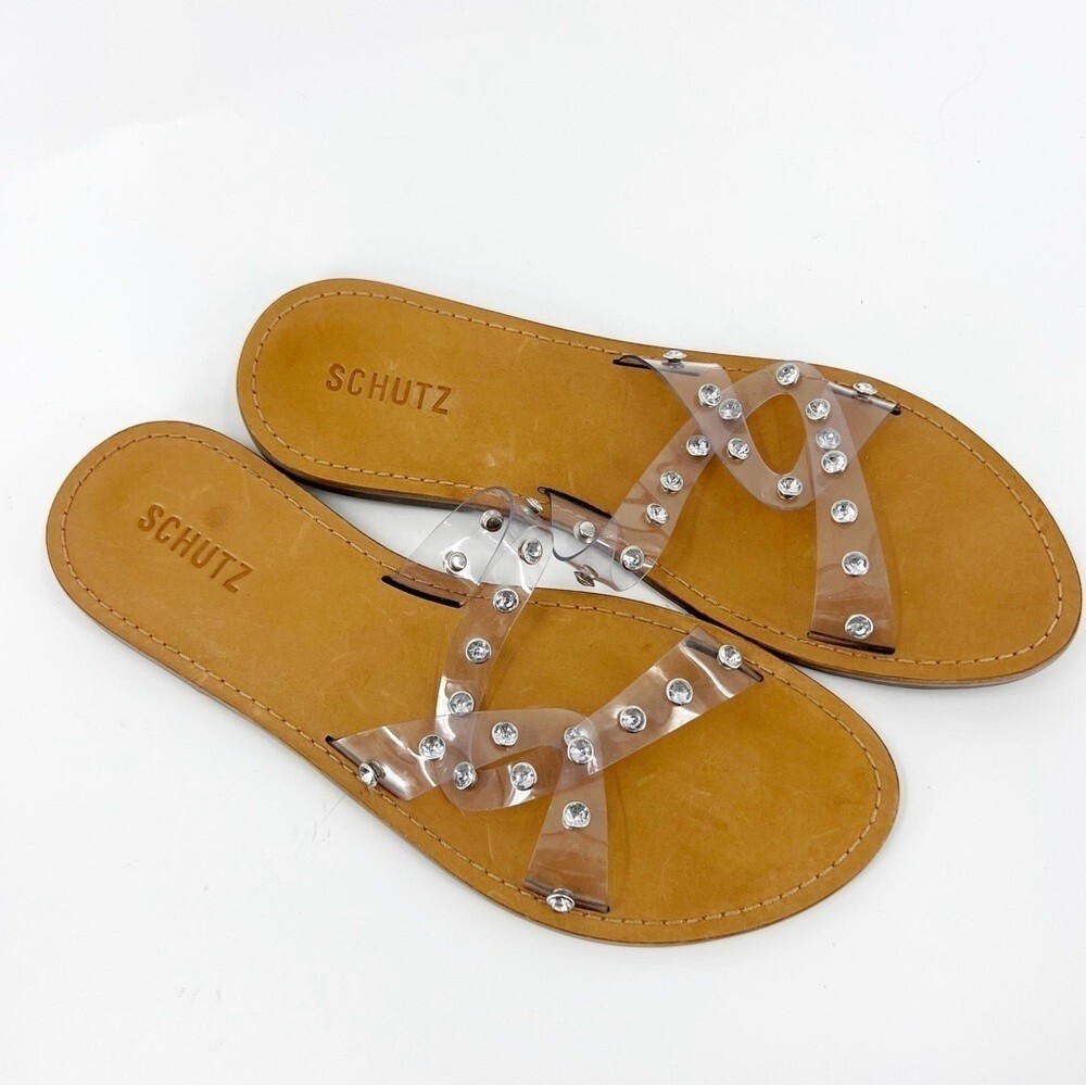 Schutz Cathryn Crystal Embellished Sandal Slides Clear Leather Insoles Size 9.5