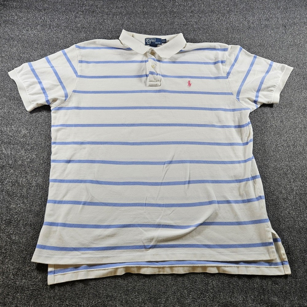 Polo Ralph Lauren Shirt Mens 2XL White Blue Stripe Polo Short Sleeve Preppy