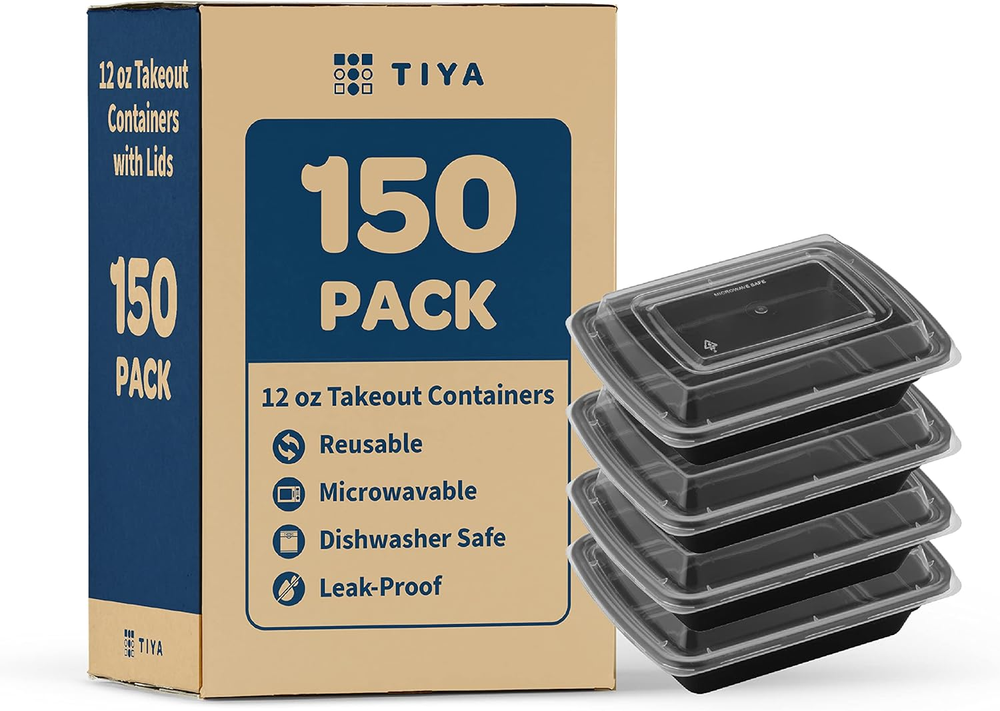 150-Pack 12oz Rectangular Plastic Takeout Containers with Lids by TIYA