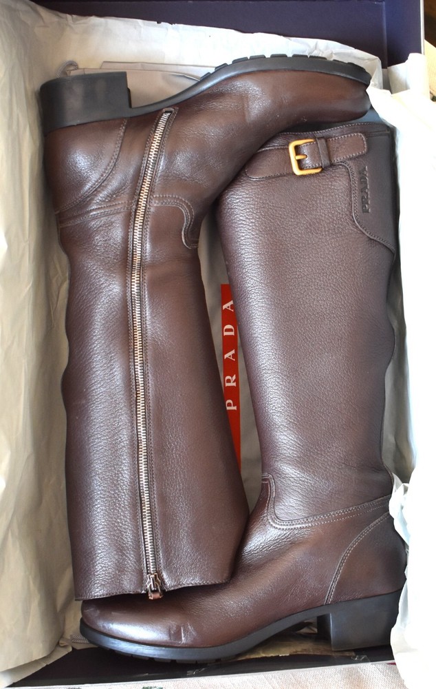 PRADA Chocolate Brown Leather Lug Sole Zip Riding Boots Size 9 with Box & Tags