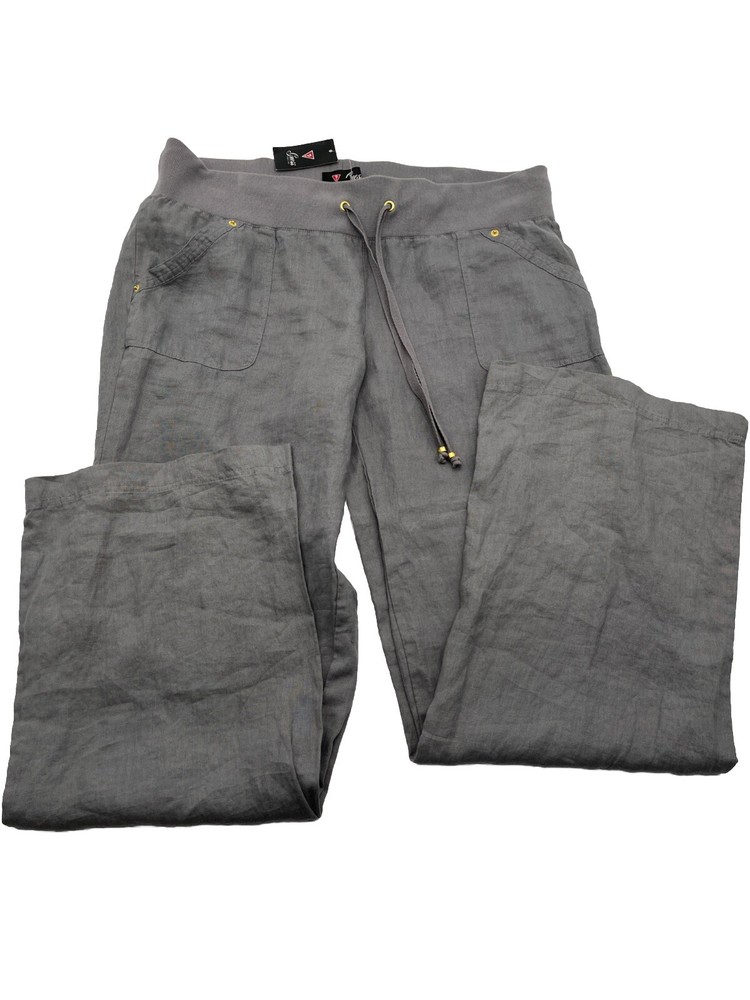 GUESS Women’s XL Drawstring Waist  100% Linen Pants Wide Leg Stone Grey