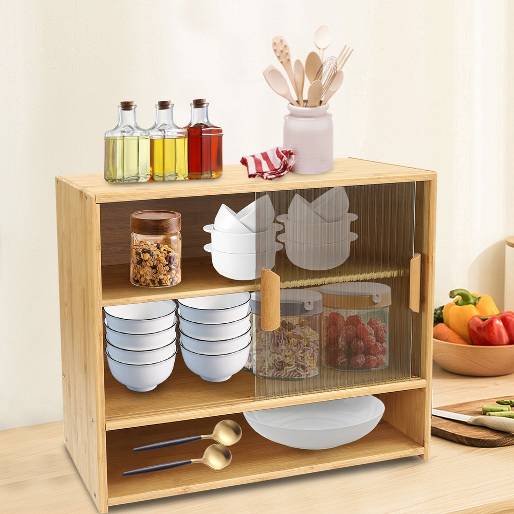 Bamboo Kitchen Pantry Sideboard with Countertop Storage Cabinet for Home Organization
