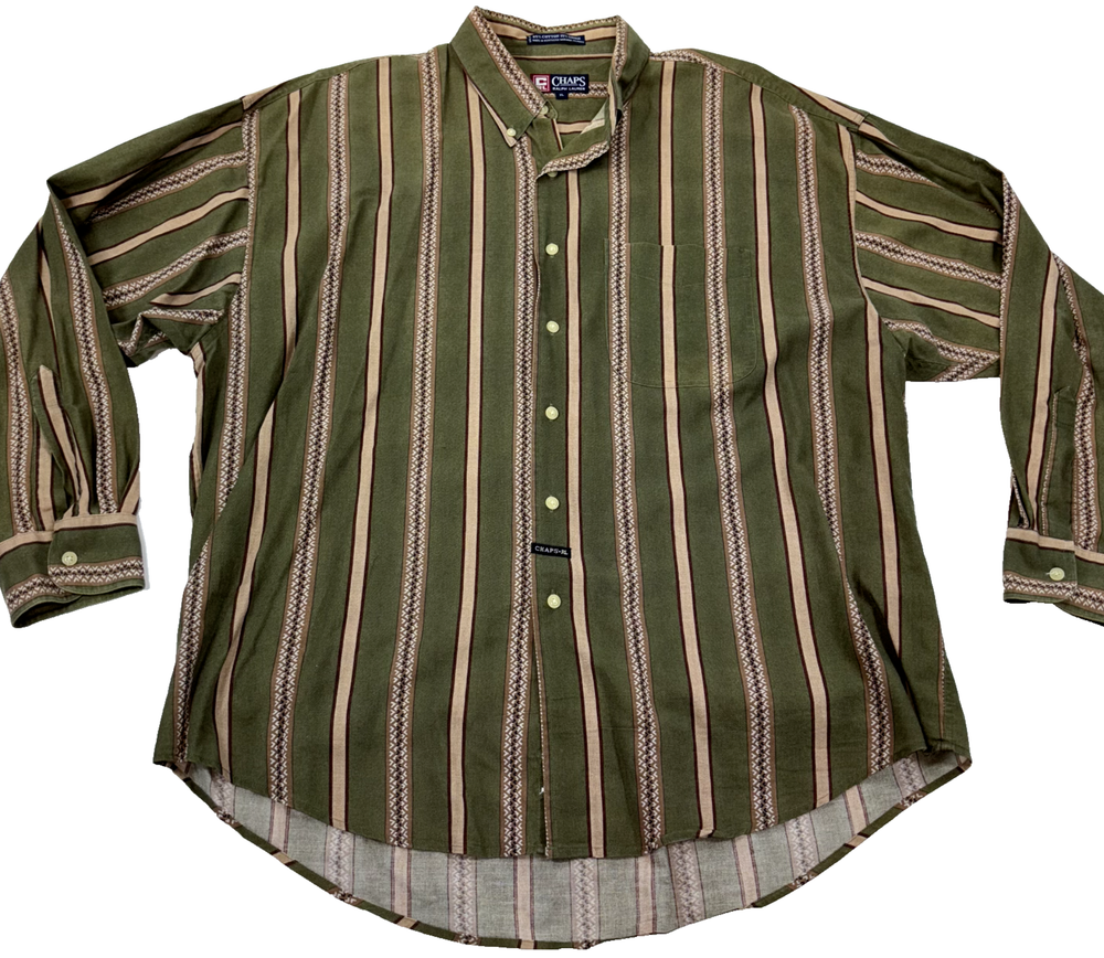 Chaps Ralph Lauren Shirt Green Geometric Striped Long Sleeve Pocket Button Up XL