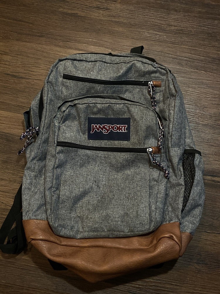 Jansport Grey & Brown Leather Student Backpack 17”x13”x10”  ( 5 Zipper Pockets!)