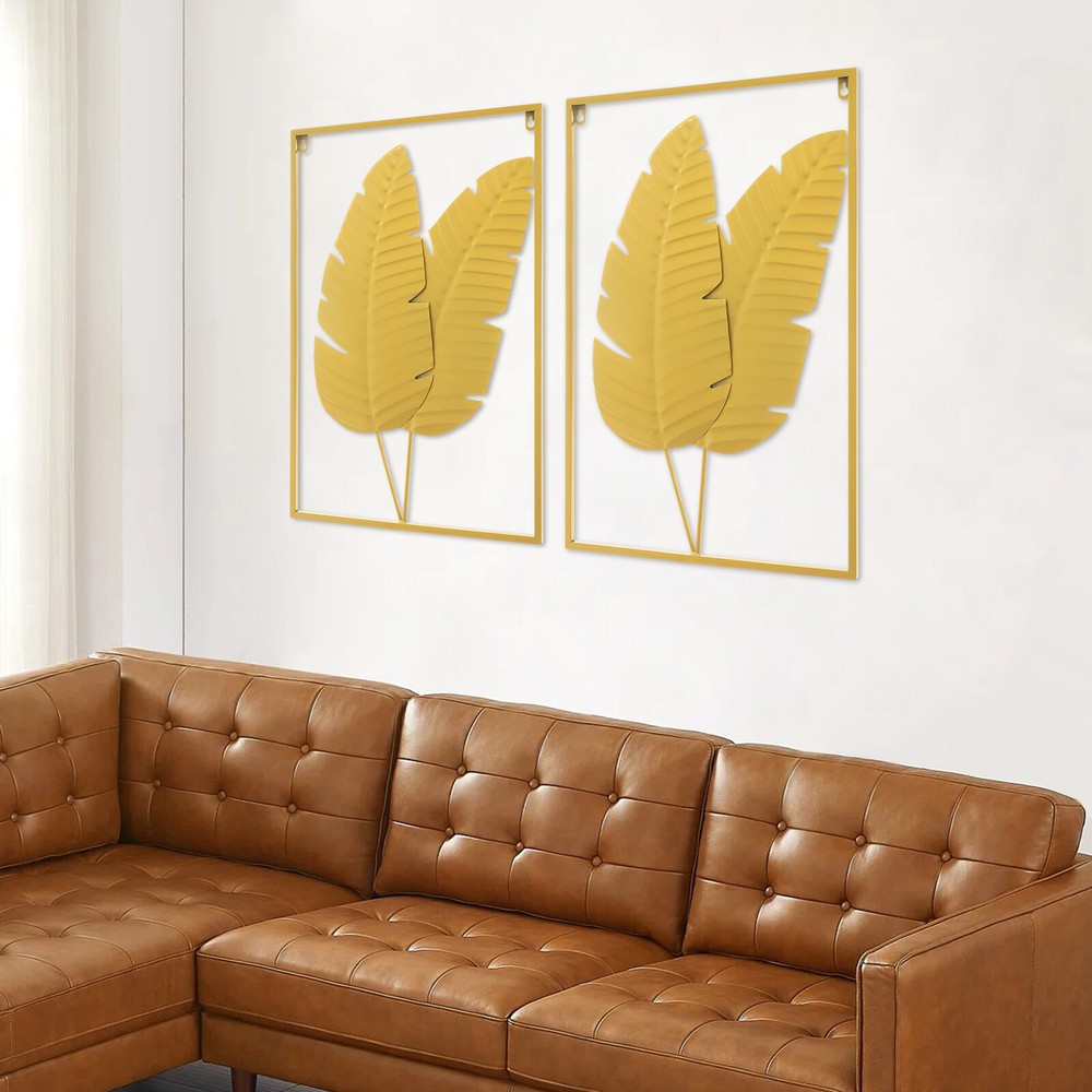 2PCS Wall Decorations, Gold Iron Leaf Wall Hanging Home Decor with Frame ?Gift
