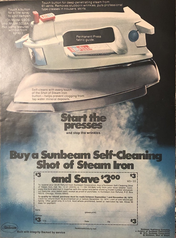PRINT AD 1974 Sunbeam Self-Cleaning Shot Steam Iron w Coupon - Start The Presses-image