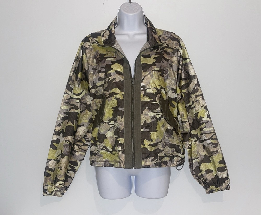 Women’s Nike Windbreaker Jacket Small Green Floral Print Camo Full Zip Pockets