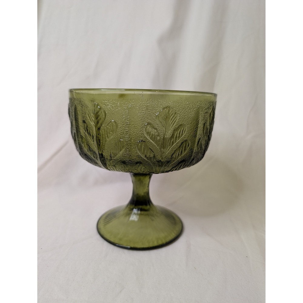 Vintage Olive Green Glass Compote Bowl with Floral Footed Design